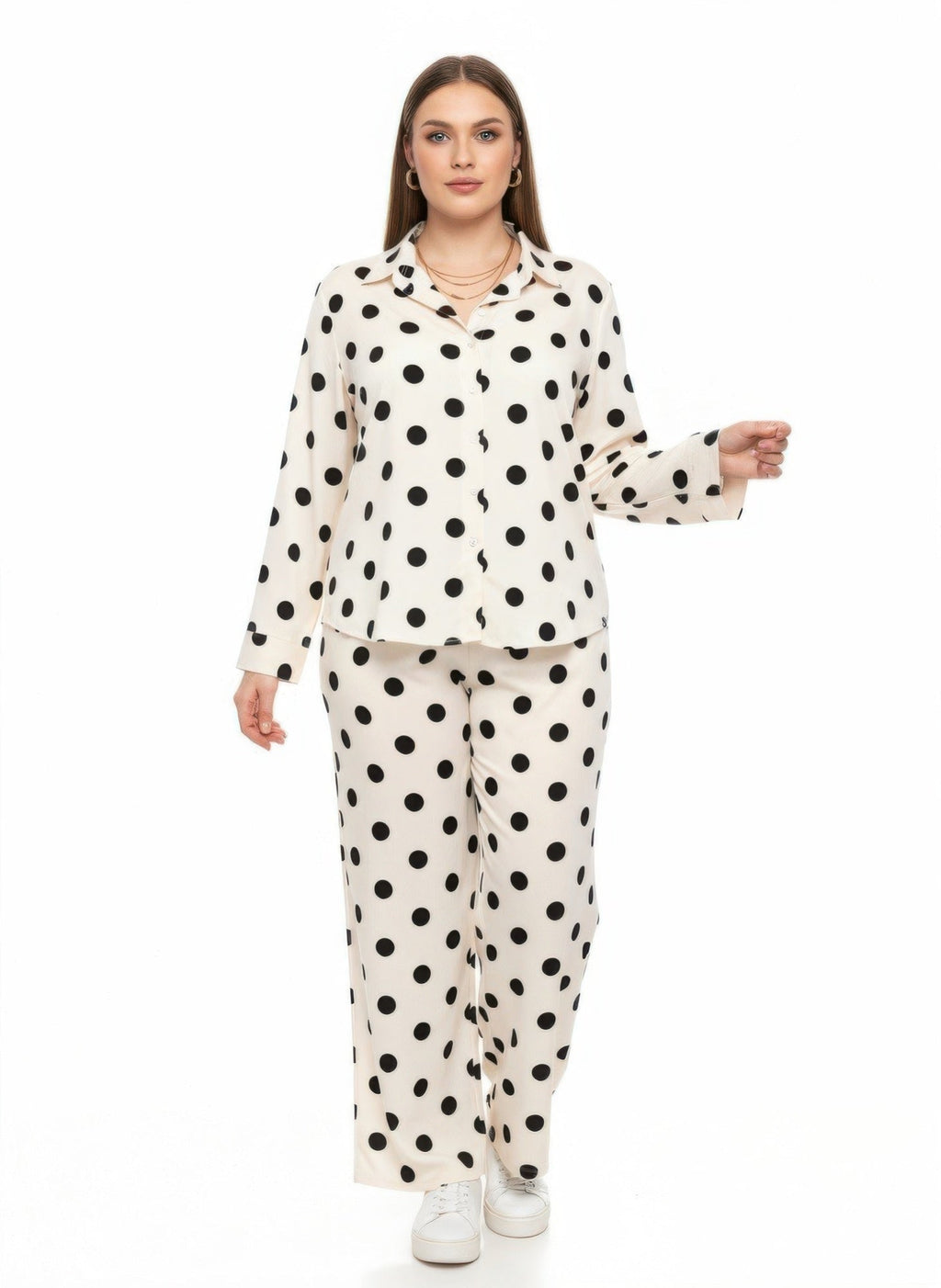 Dot Button-up Top & Wide Leg Pants Set