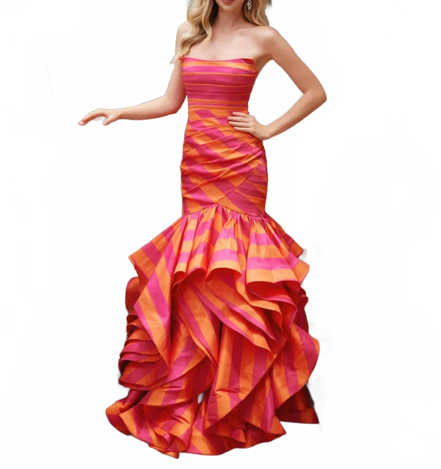 Striped Ruffle Mermaid Prom Dress In Orange Pink