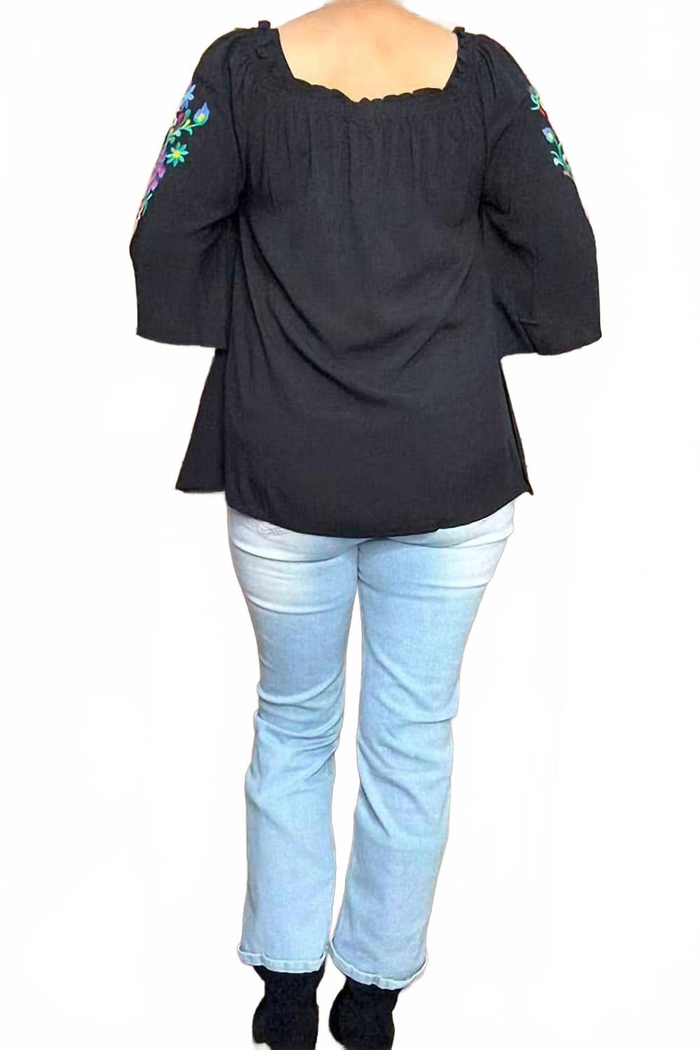 Floral & Bird Embroidered Off-Shoulder Boho Top In Black