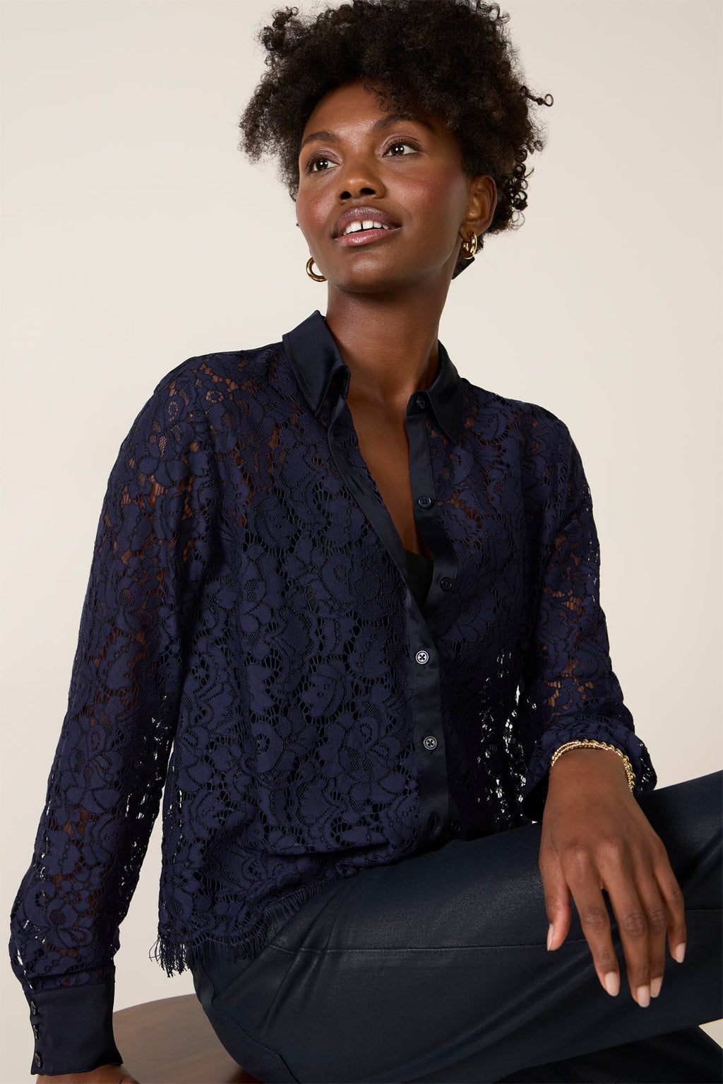 Women's Lace Contrast Button Down Shirt