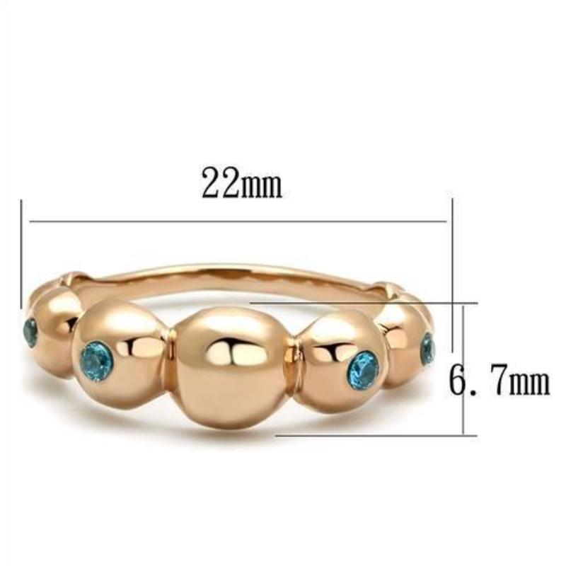 IP Rose Gold(Ion Plating) Stainless Steel Ring with AAA Grade CZ in Sea Blue