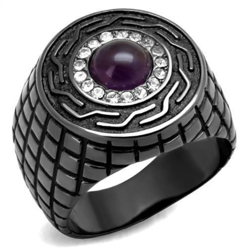 IP Light Black Stainless Steel Ring with Semi-Precious Amethyst Crystal in Amethyst