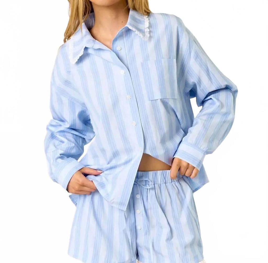 Long Sleeve And Shorts Pajama Set In Blue Striped