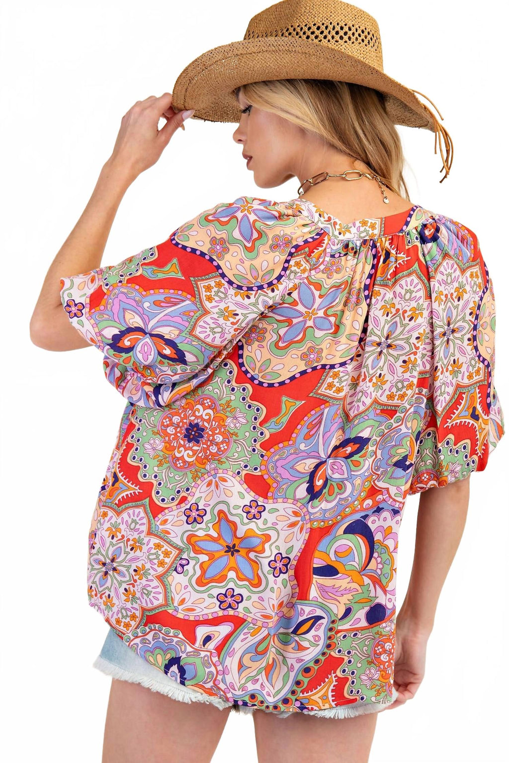 Bohemian Paisley Print Tassel Front Top In Blush Red