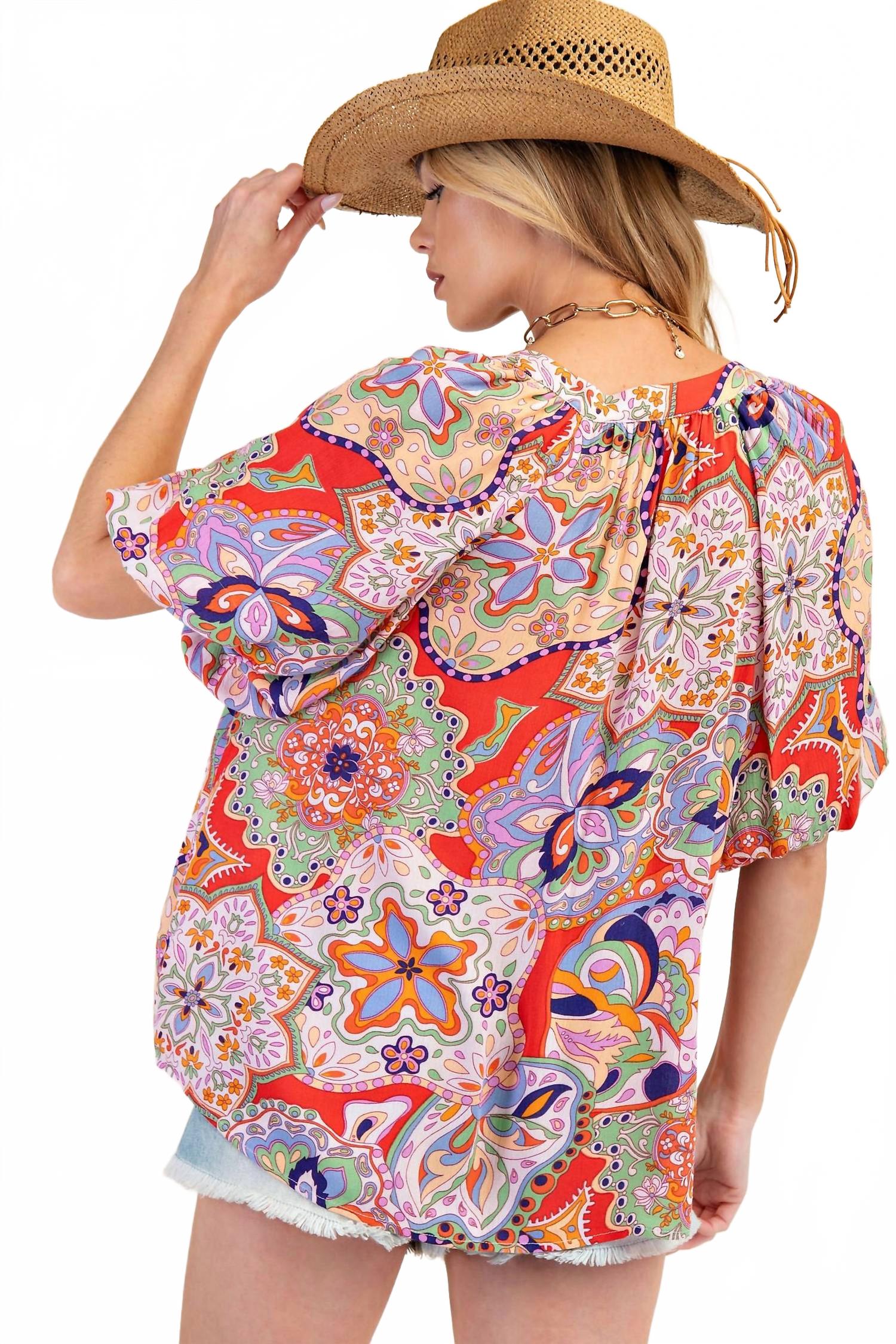 Bohemian Paisley Print Tassel Front Top In Blush Red