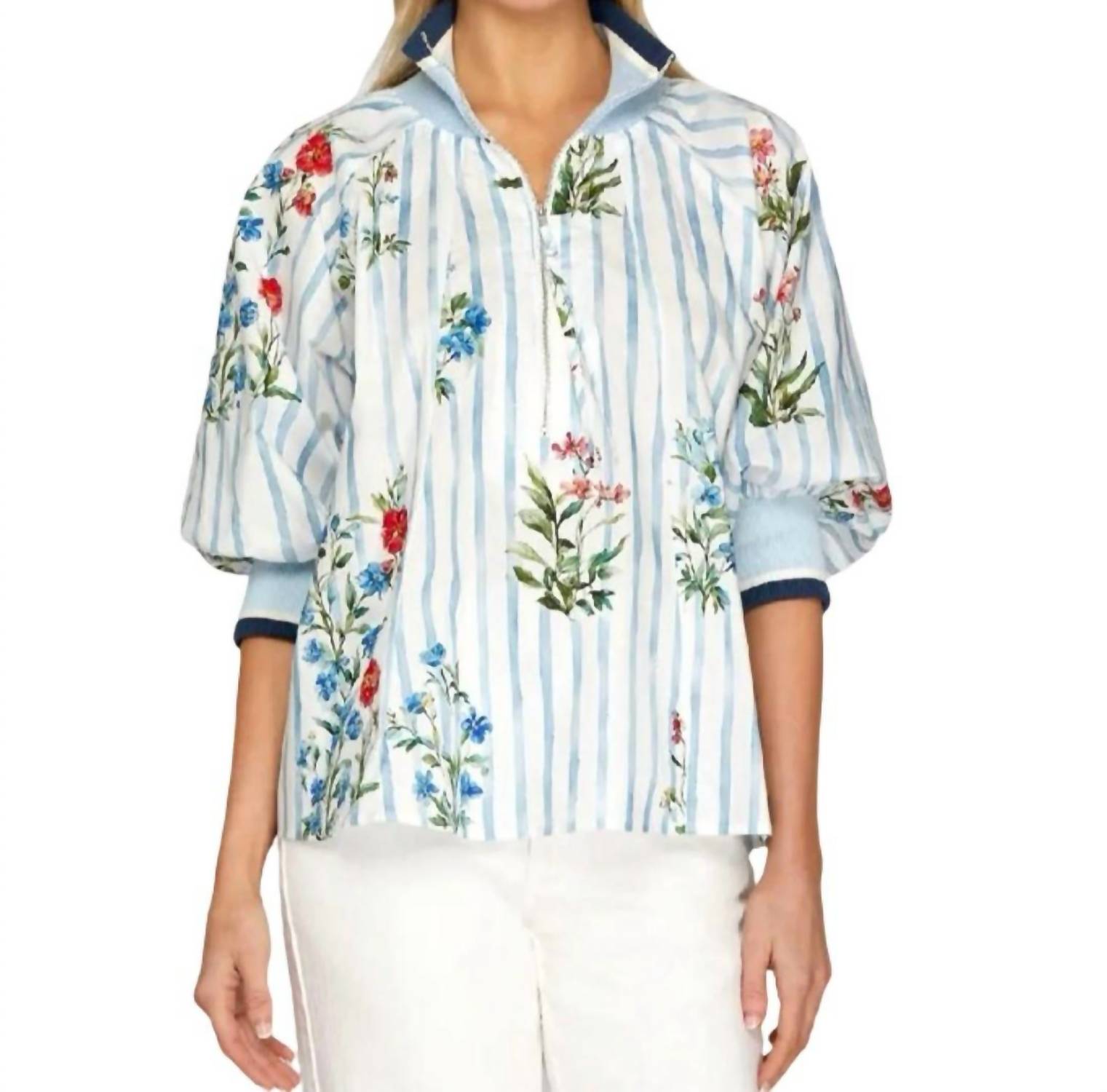 Printed Half Zip Top In Light Blue