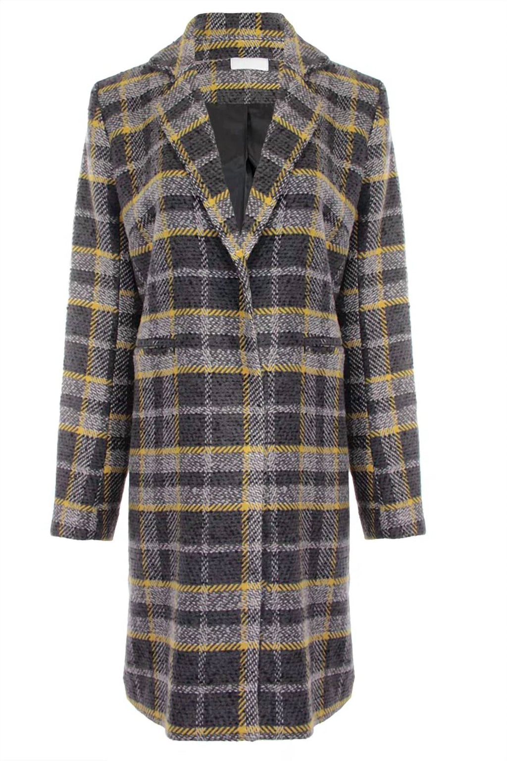 Long Plaid Coat With Detachable Fur Collar In Yellow/grey