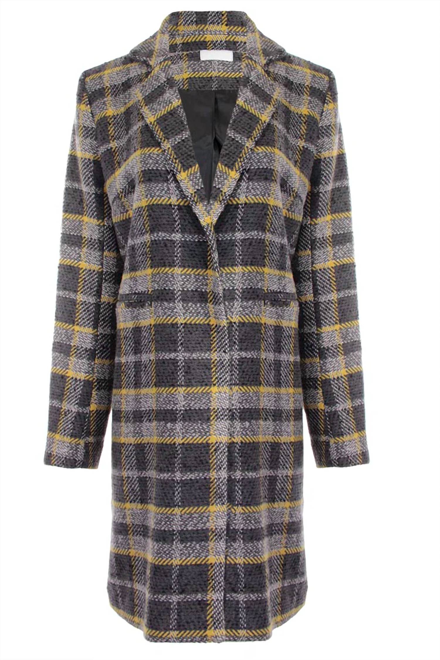 Long Plaid Coat With Detachable Fur Collar In Yellow/grey