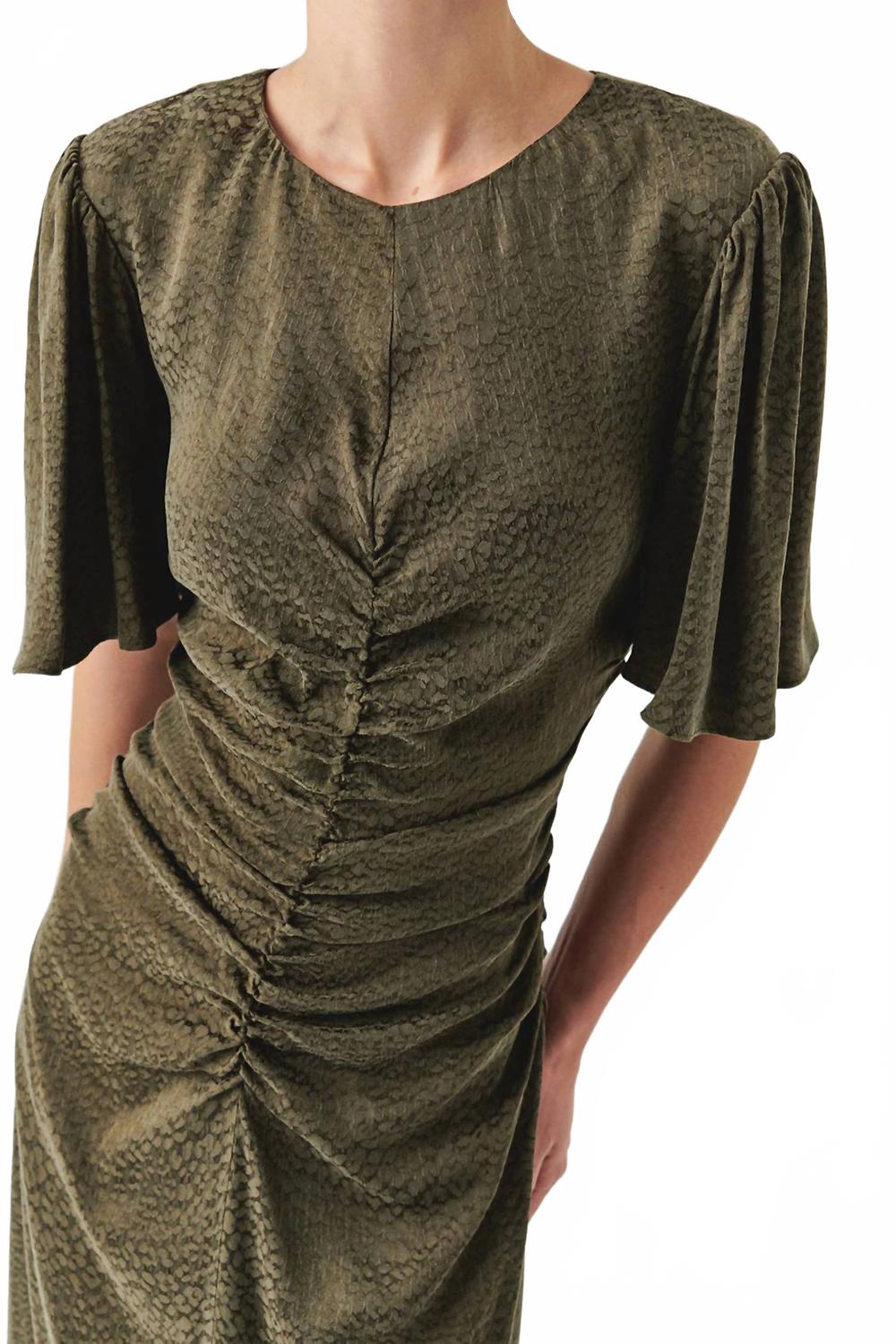 Kylee Short Sleeve Draped Dress In Khaki