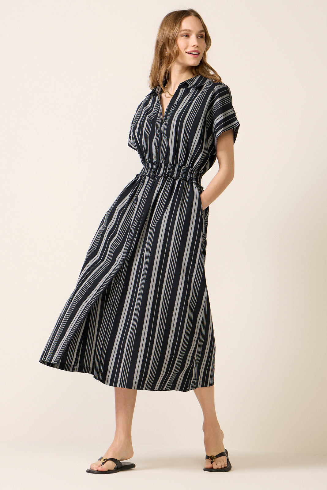 Women's Sailor Smocked Waist Midi Shirt Dress