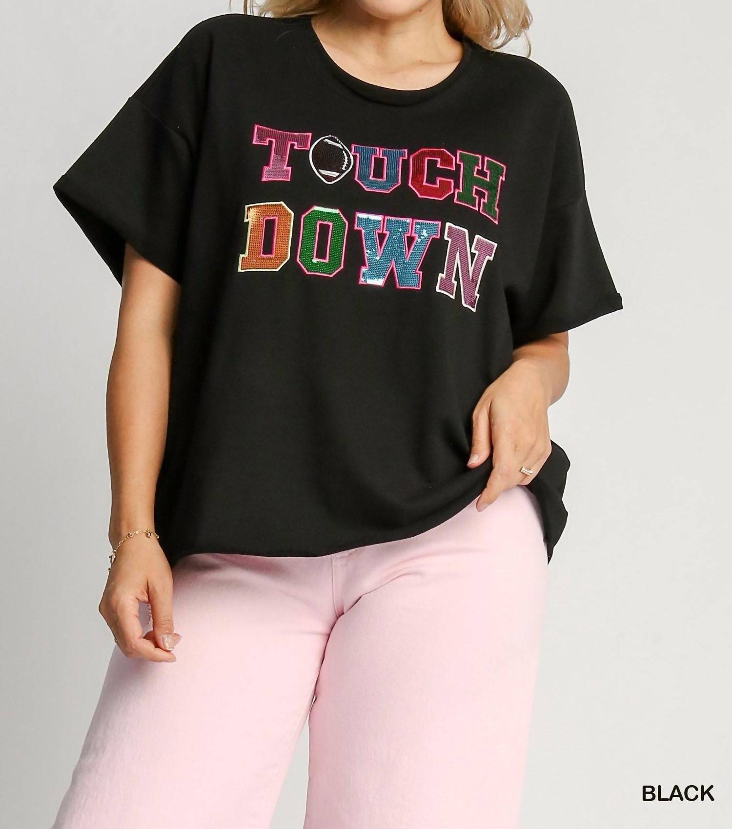 French Terry Sequin Touch Down Top - Plus In Black