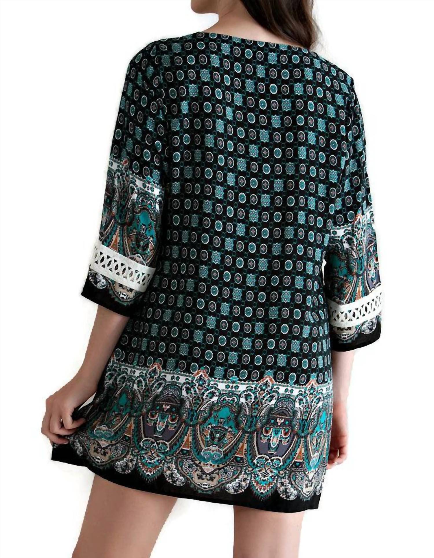 Border Print Tassel Tie Mini Dress In Black