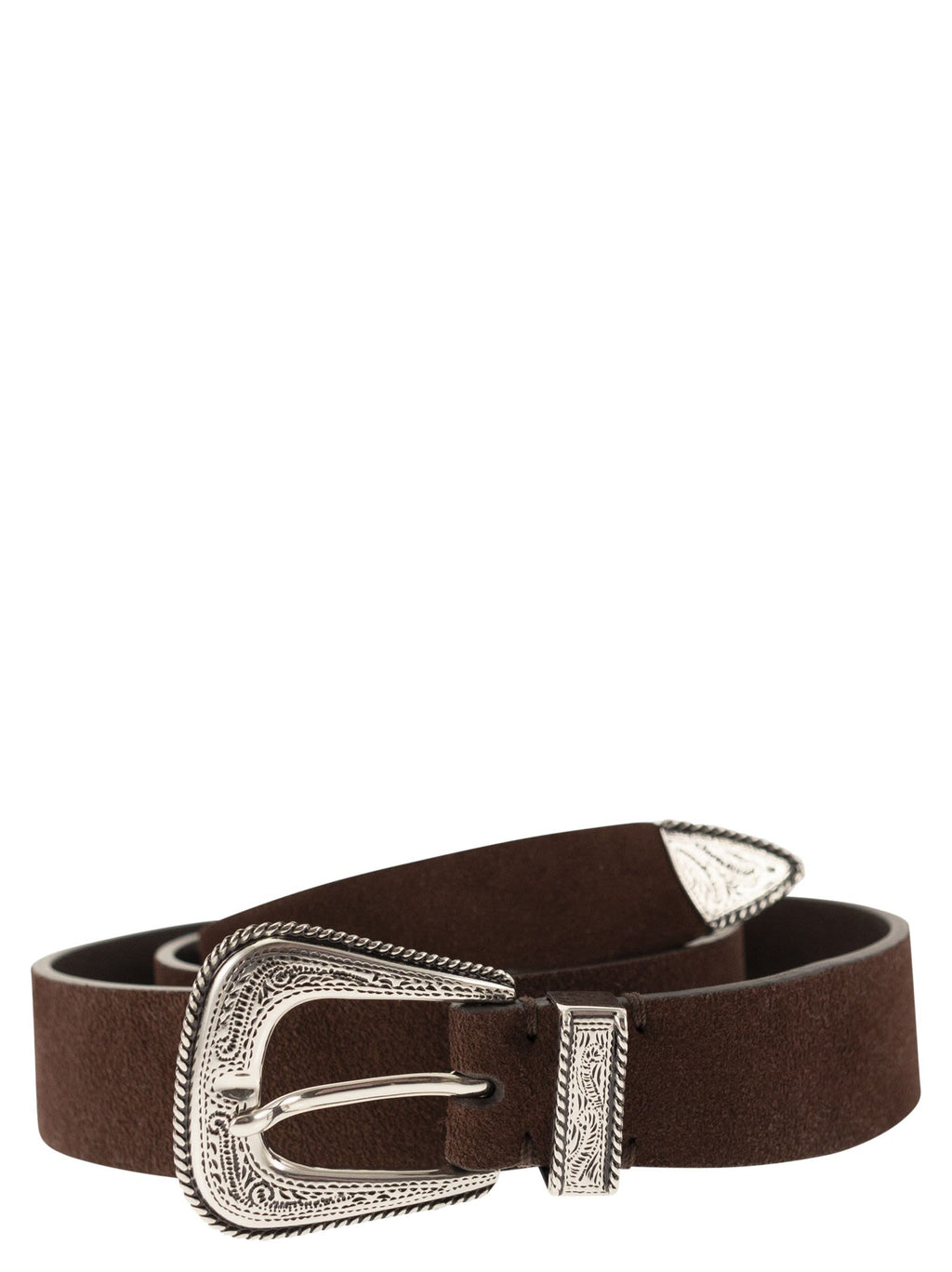 Brunello Cucinelli Men Suede Leather Belt With Engraved Western Buckle