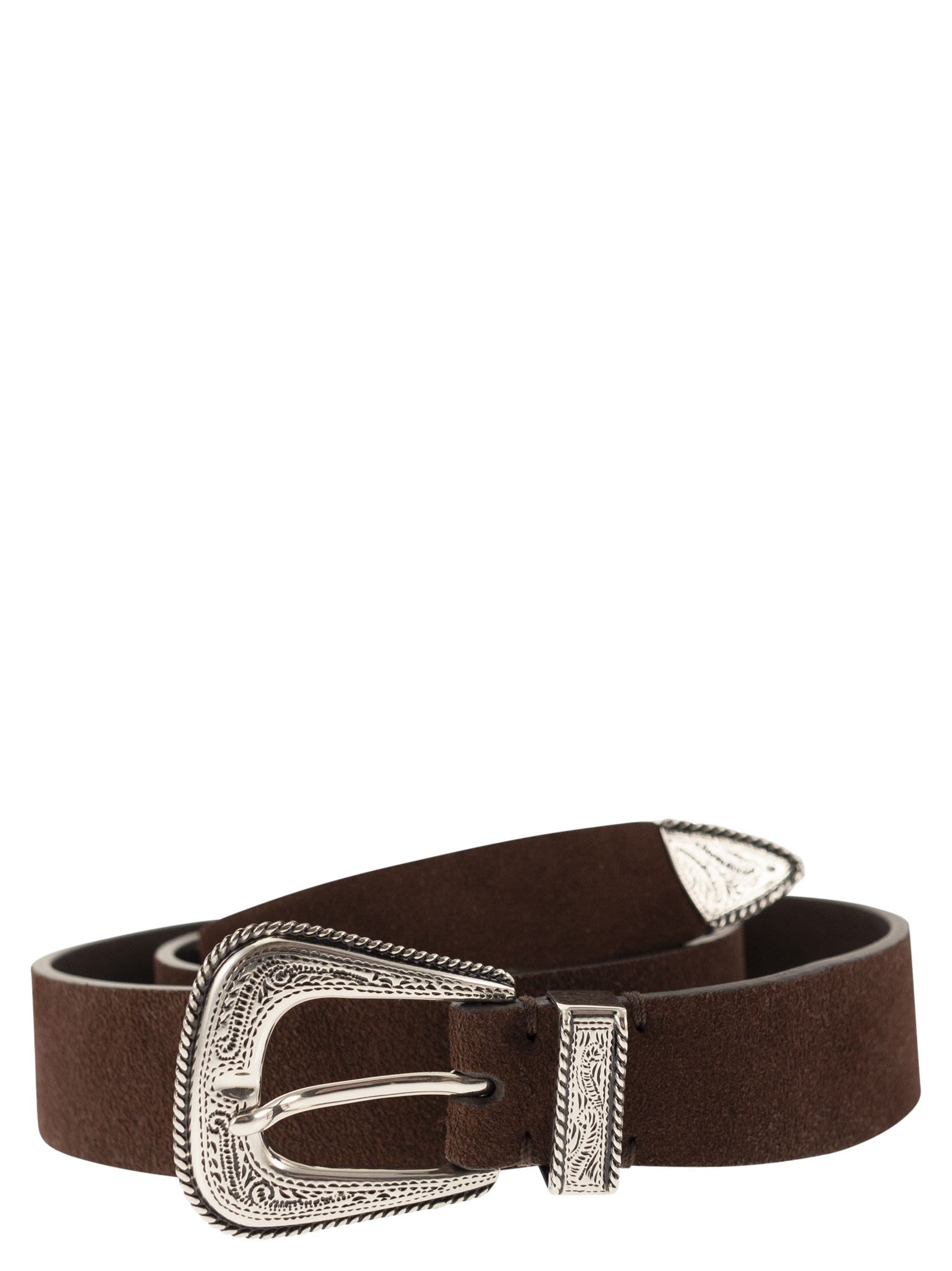 Brunello Cucinelli Men Suede Leather Belt With Engraved Western Buckle