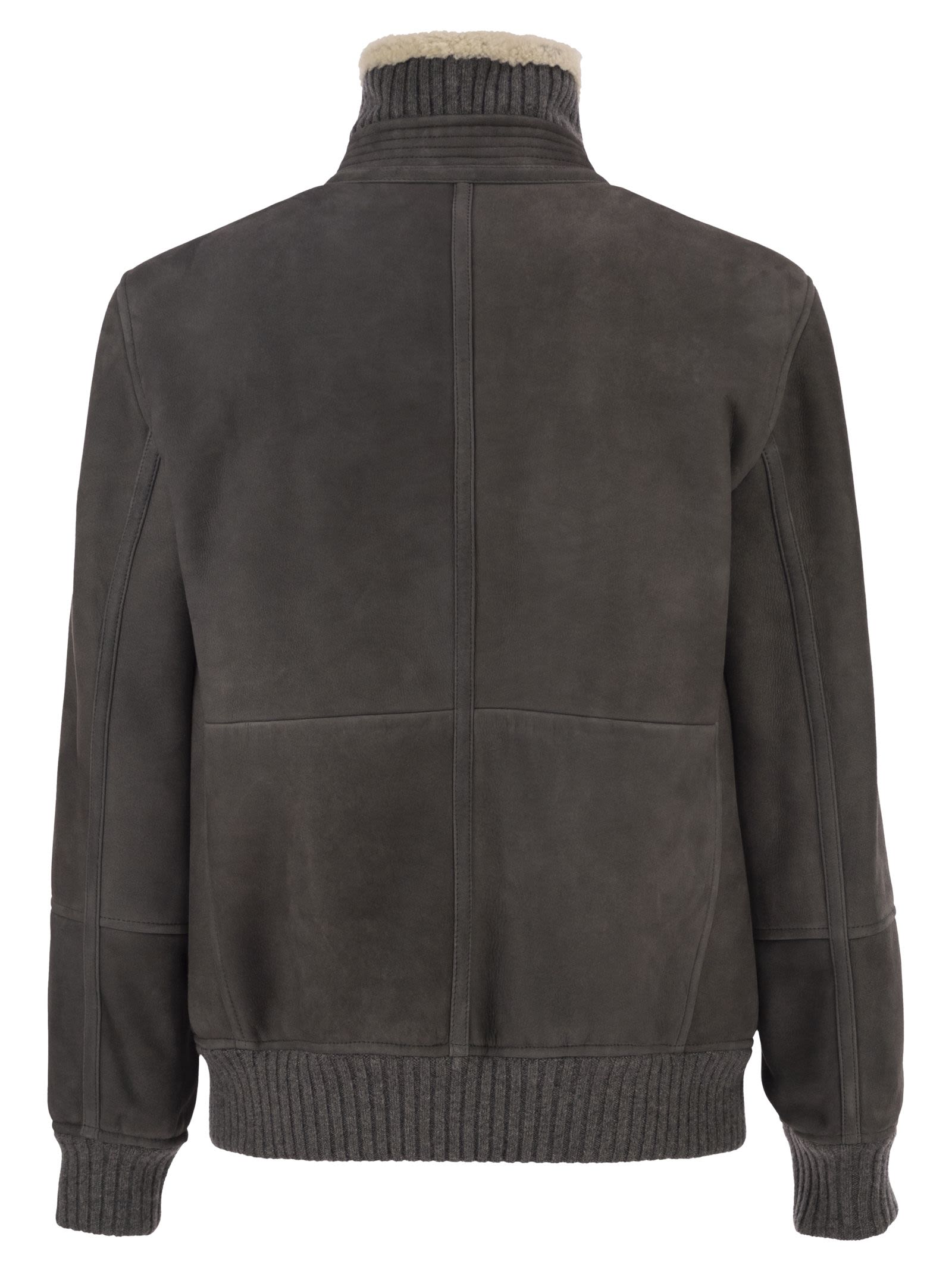 Brunello Cucinelli Men Shearling Aviator Jacket With Cashmere Knit Details