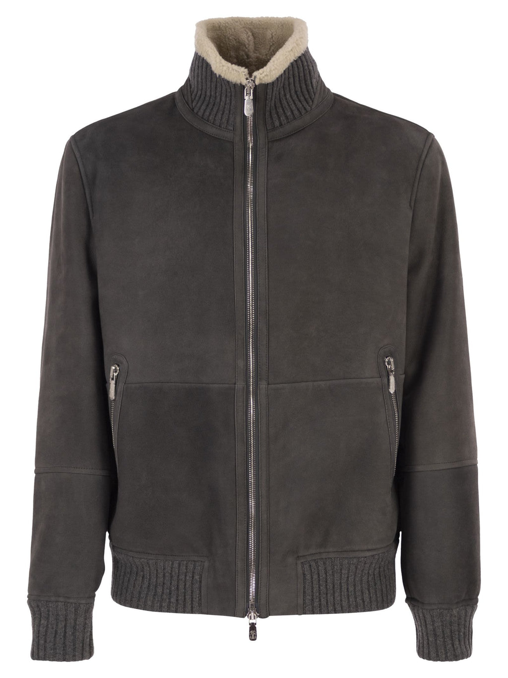 Brunello Cucinelli Men Shearling Aviator Jacket With Cashmere Knit Details