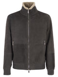 Brunello Cucinelli Men Shearling Aviator Jacket With Cashmere Knit Details