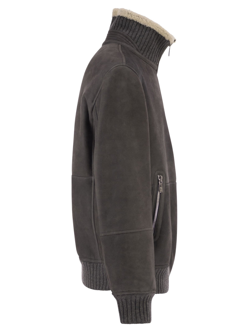 Brunello Cucinelli Men Shearling Aviator Jacket With Cashmere Knit Details