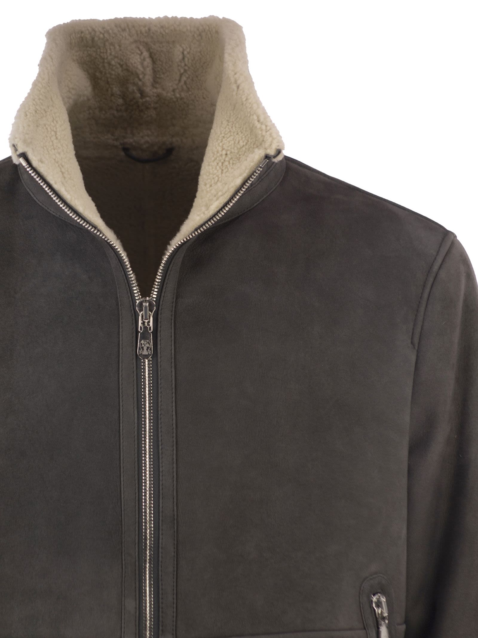 Brunello Cucinelli Men Shearling Aviator Jacket With Cashmere Knit Details