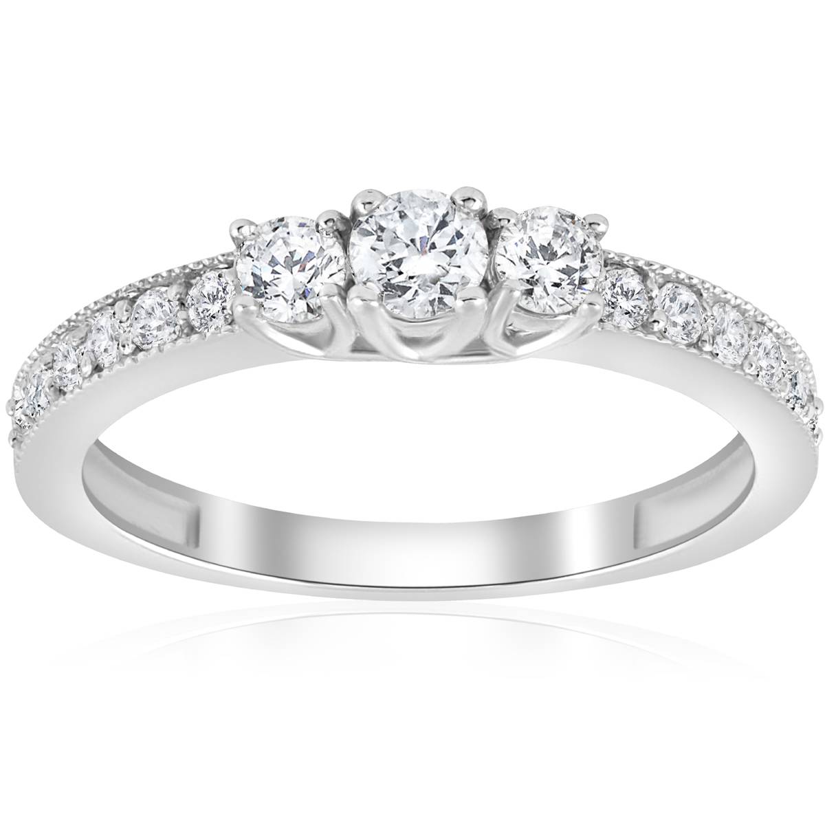 1/2ct 3-Stone Round Diamond Ring 14K White Gold Size Selectable