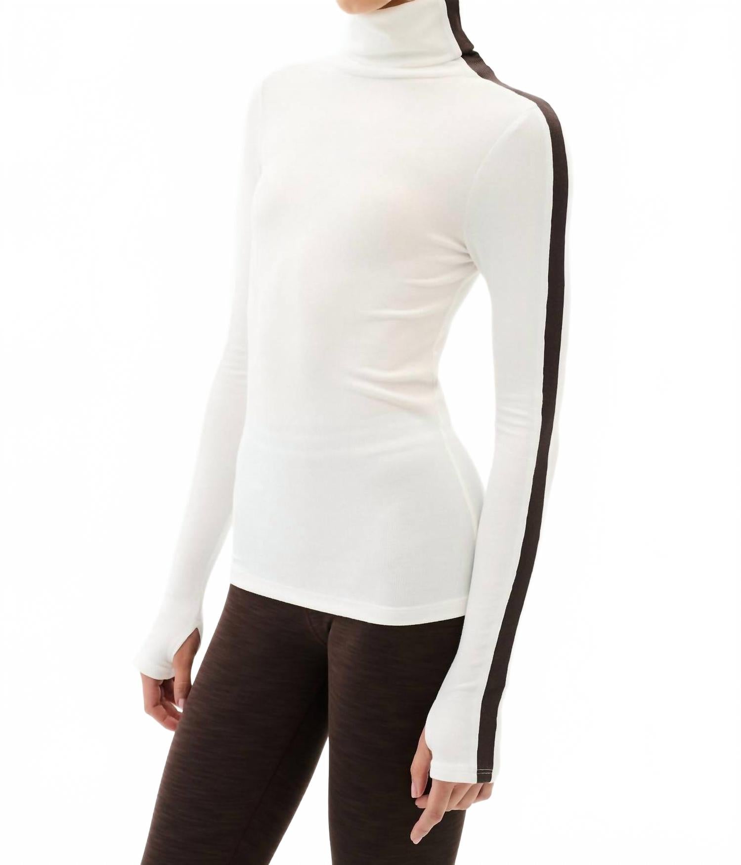 Jackson Rib Full Length Turtleneck Top In White/dark Chocolate