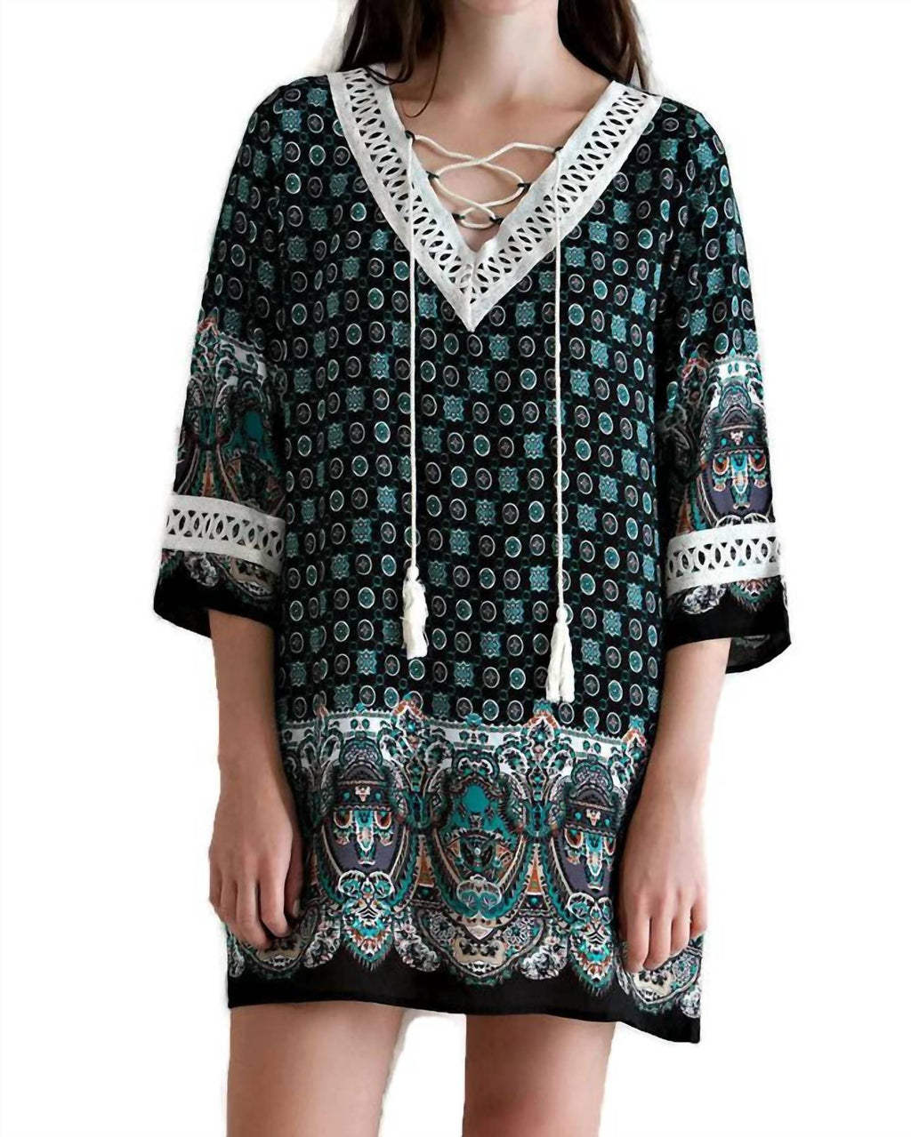 Border Print Tassel Tie Mini Dress In Black