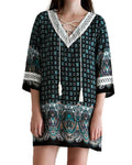 Border Print Tassel Tie Mini Dress In Black