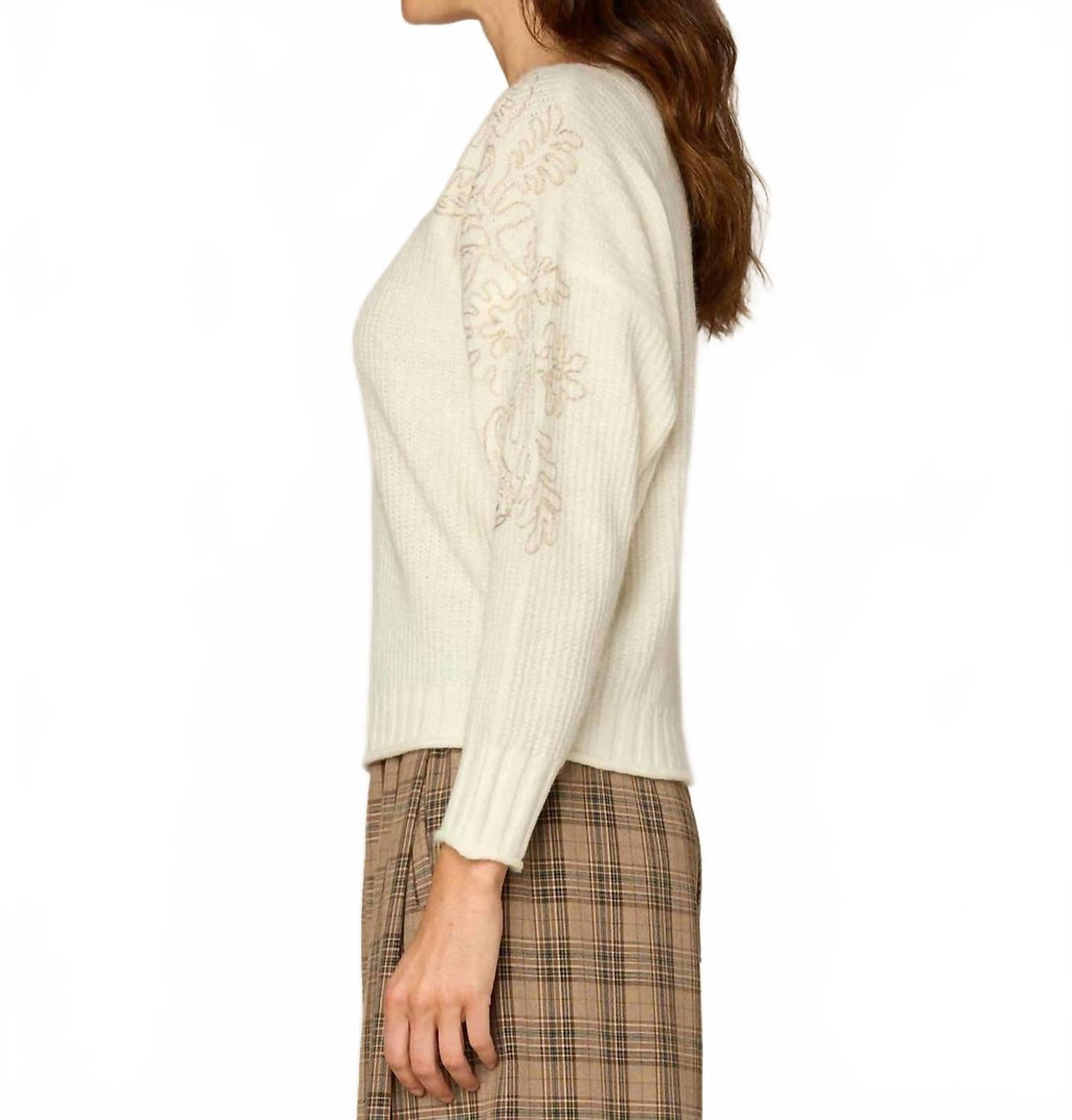Embroidered Shoulder Boat Neck Sweater In White