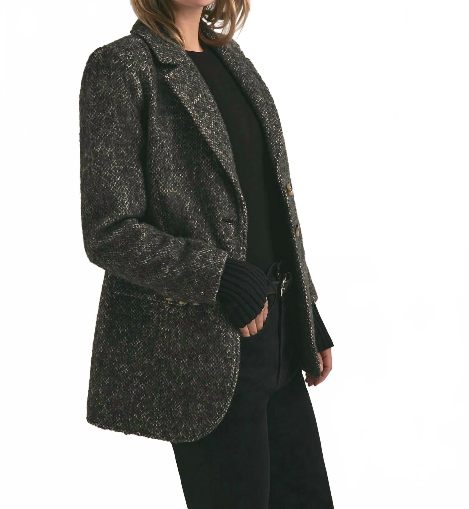 City Cashmere Ribbed Cuffs Blazer In Black