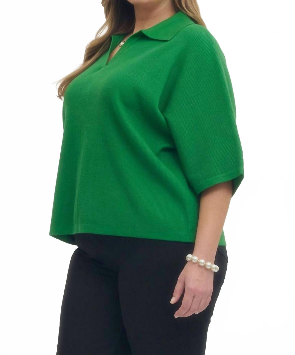 Solid V-Neck Collared Top In Green