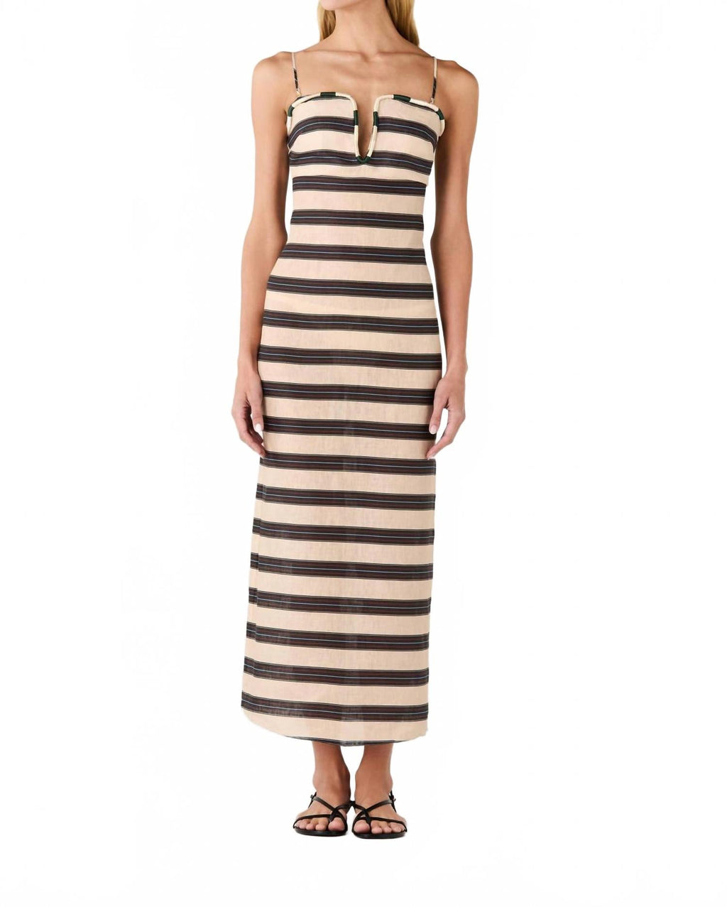 Antonia Linen Midi Dress In Ivory & Navy Stripes