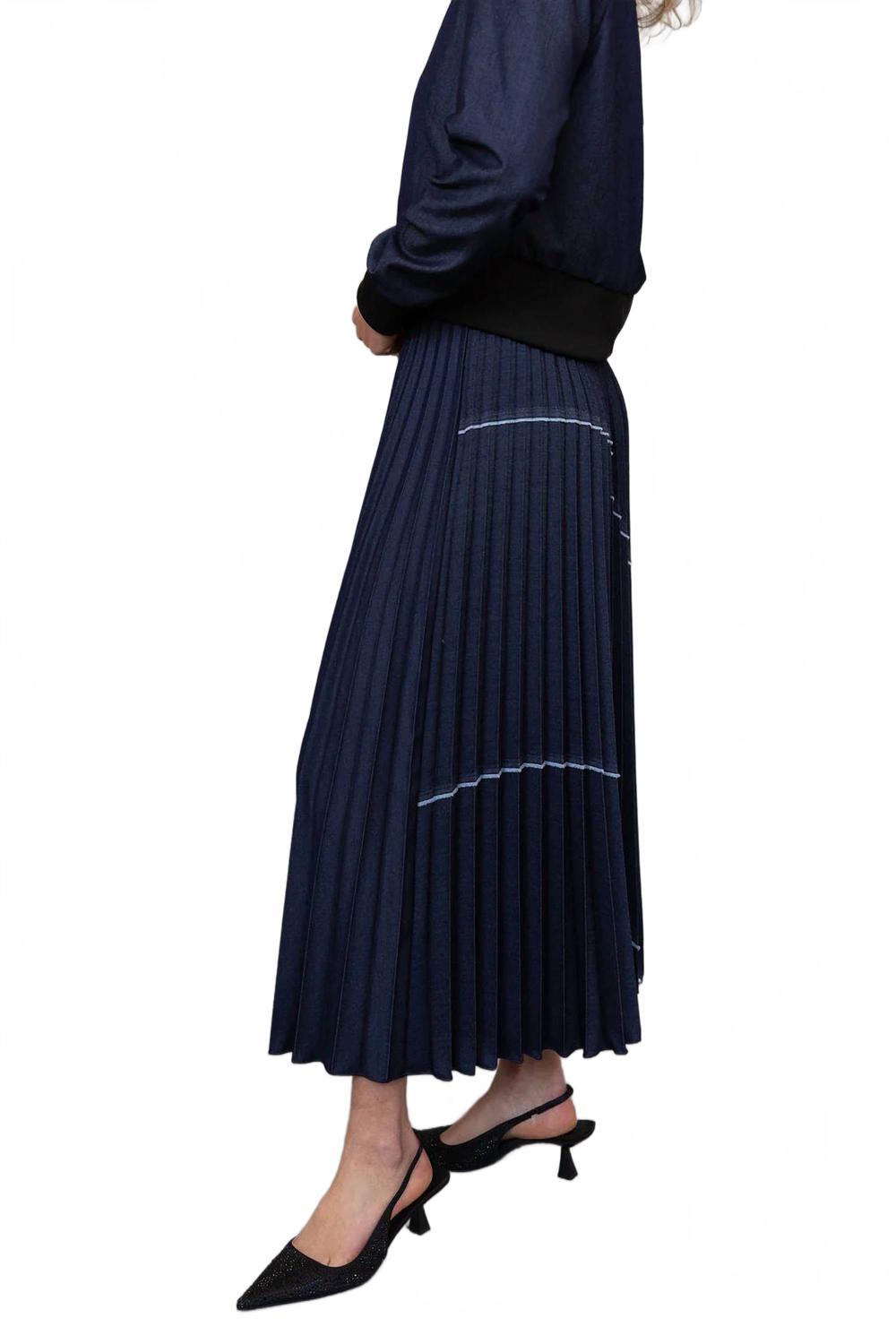 Denim Patchwork Pleat Skirt In Indigo