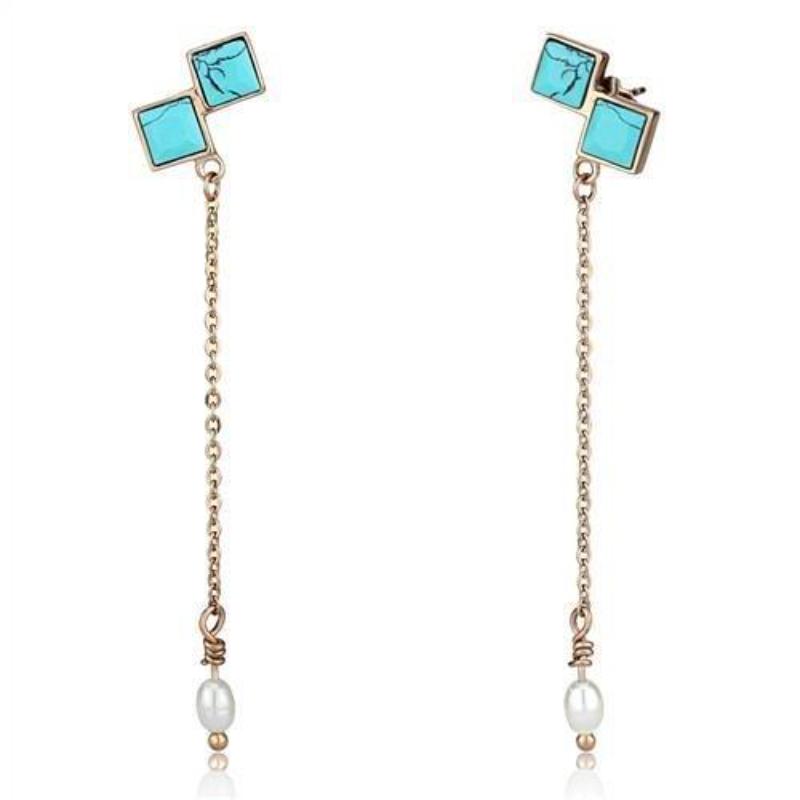 IP Rose Gold(Ion Plating) Stainless Steel Earrings with Synthetic Turquoise in Sea Blue