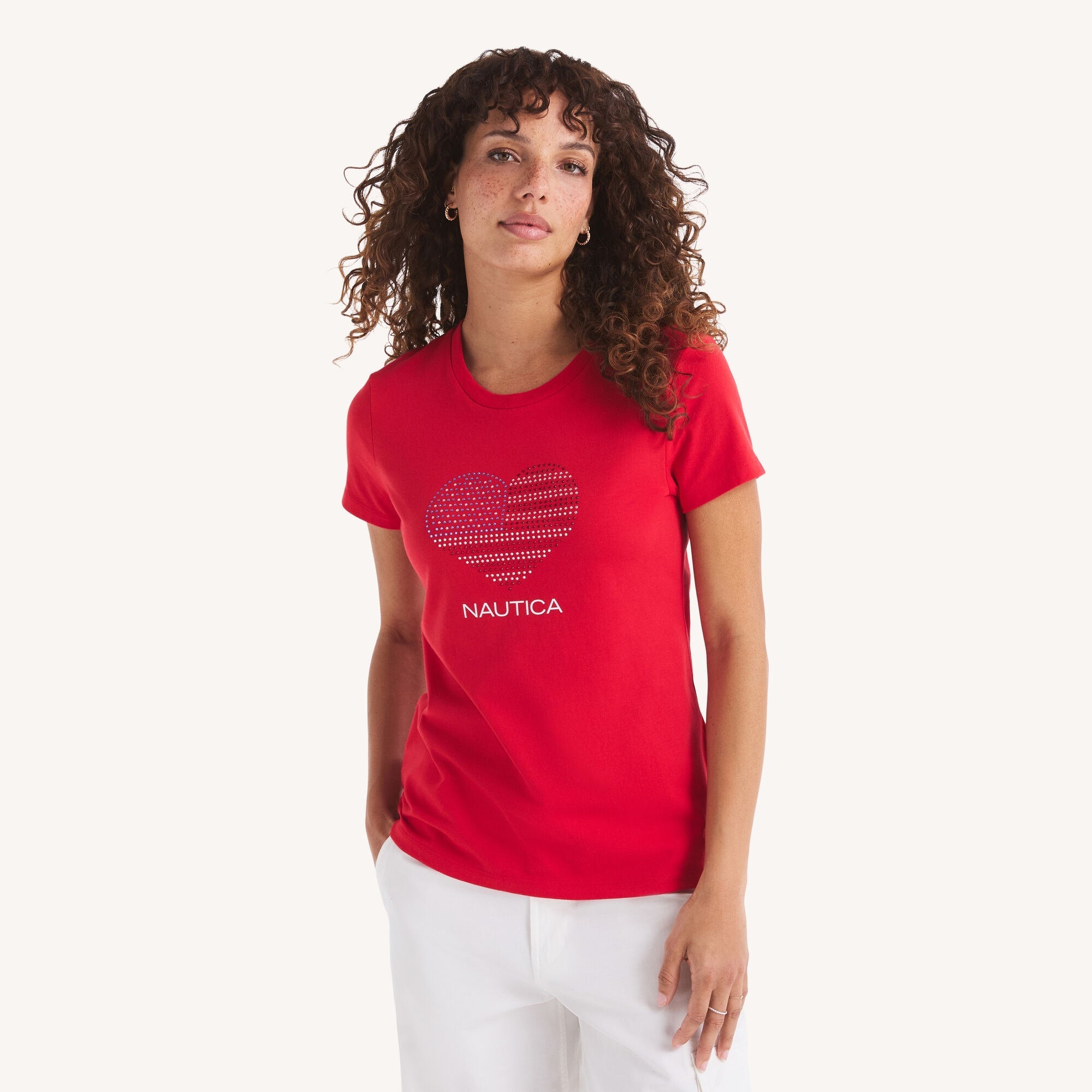 Nautica Womens Rhinestone Flag Heart Graphic T-Shirt
