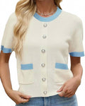 Short Sleeve Crewneck Cardigan In Cream/blue