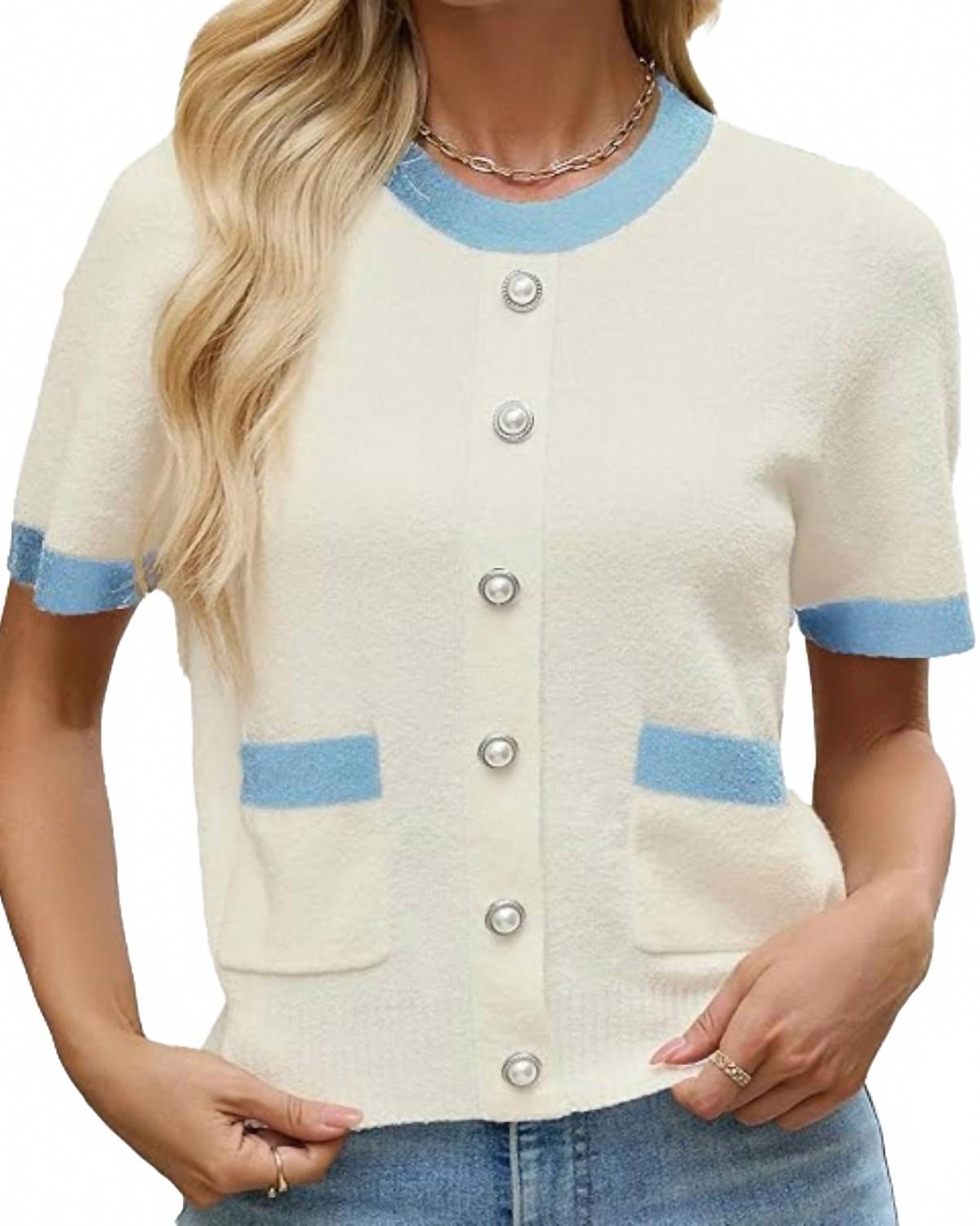 Short Sleeve Crewneck Cardigan In Cream/blue