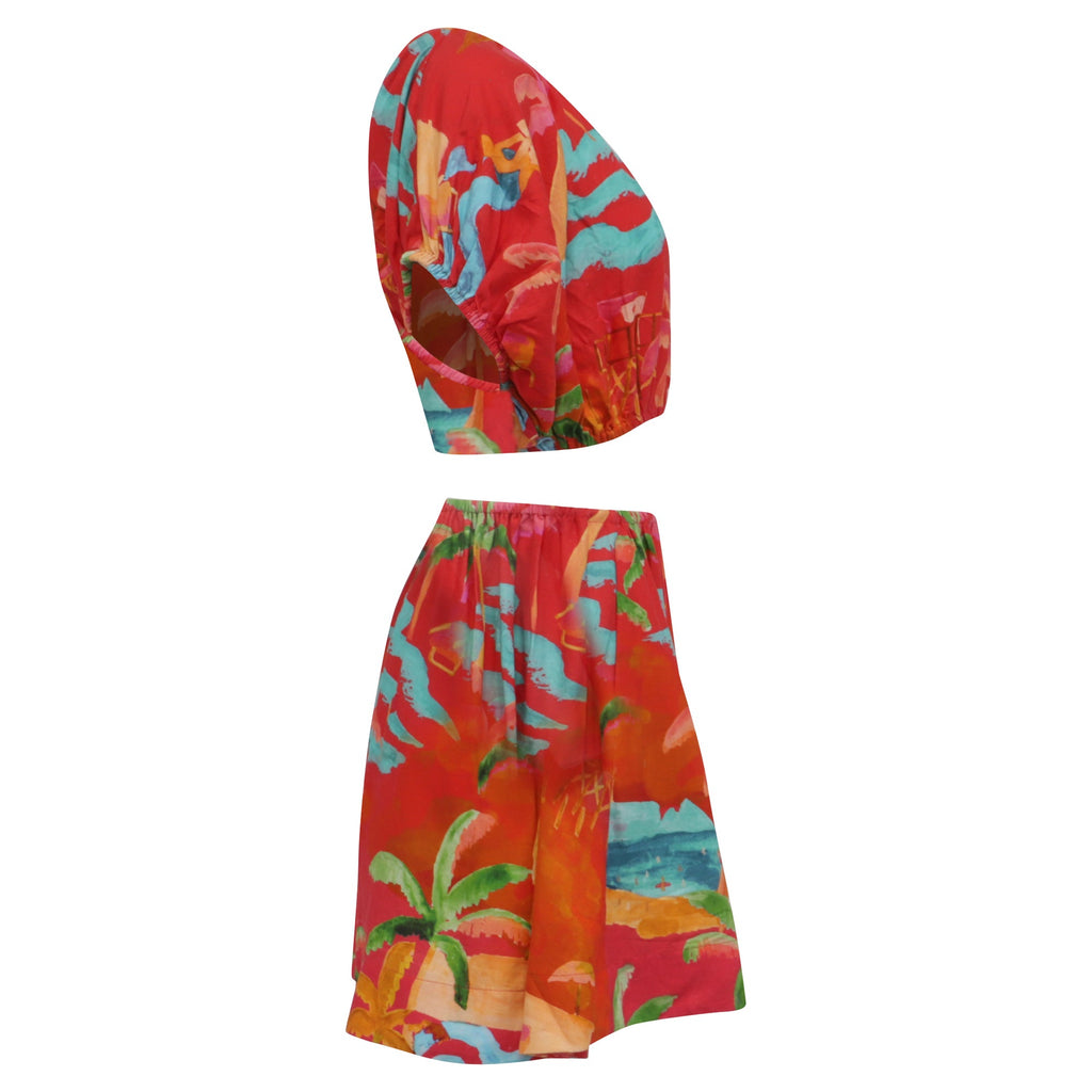 Farm Rio Ipanema One Shoulder Mini Dress in Red Linen