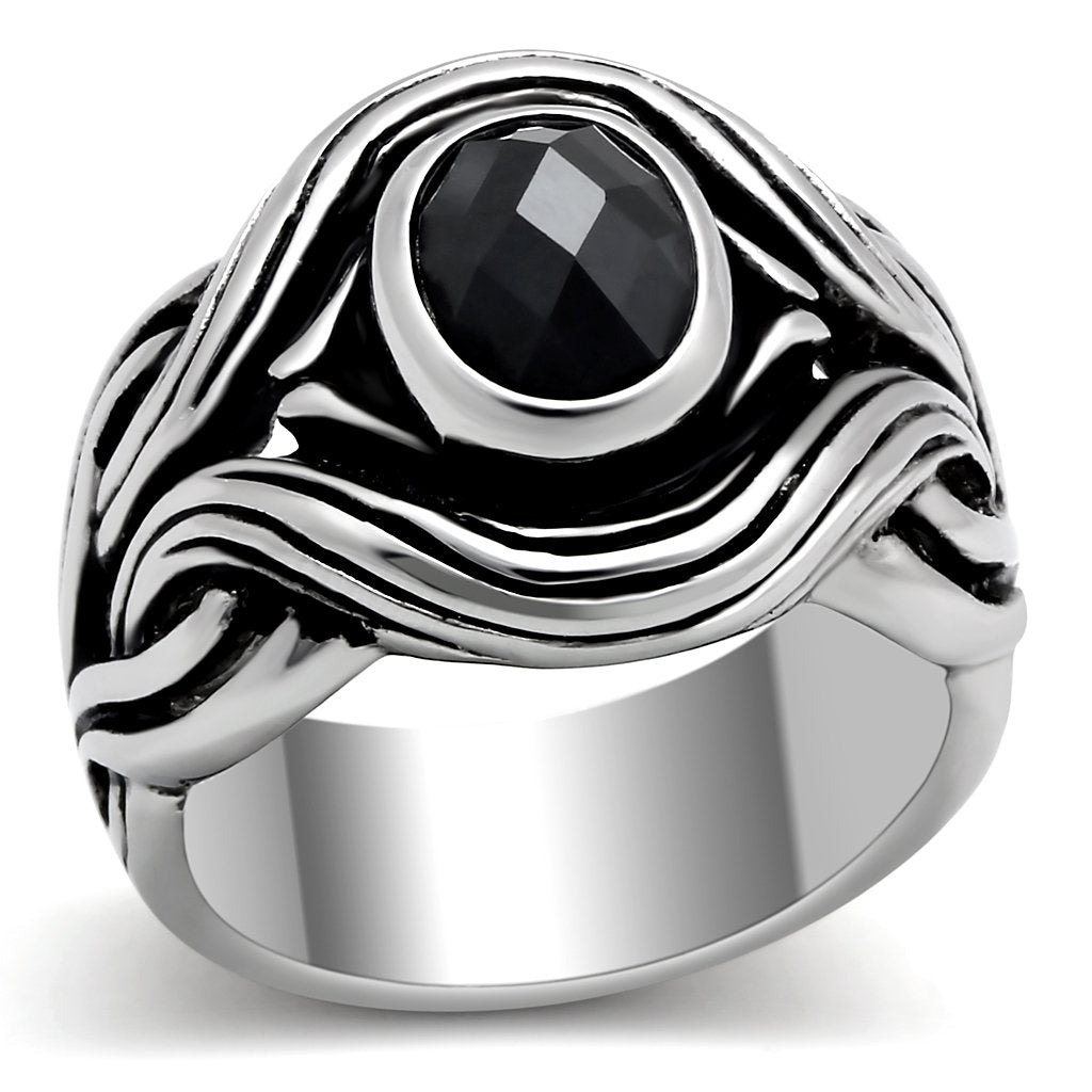 High polished (no plating) Stainless Steel Ring with AAA Grade CZ in Jet