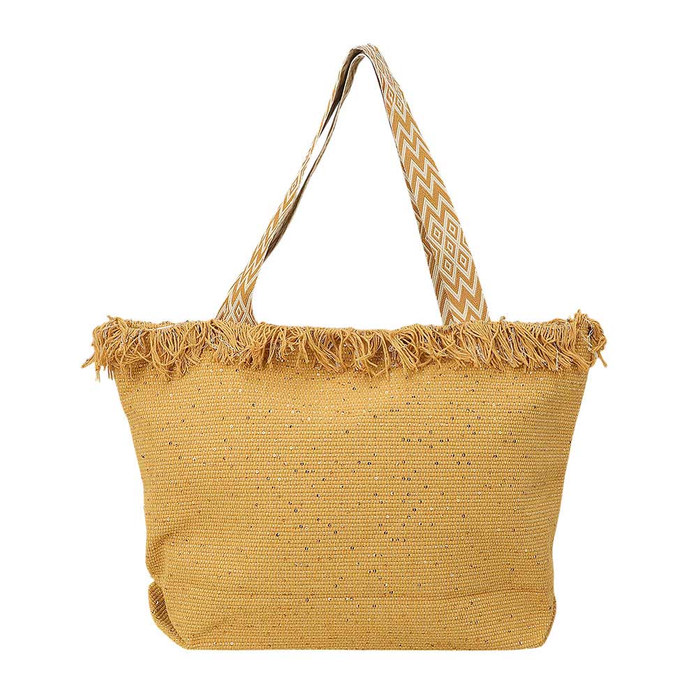 Sequin Embellished Large Woven Frayed Shoulder Tote Bag