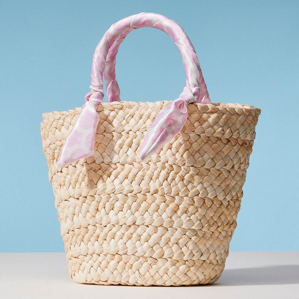 Shell Print Fabric Scarf Wrapped Handle Raffia Tote Bag