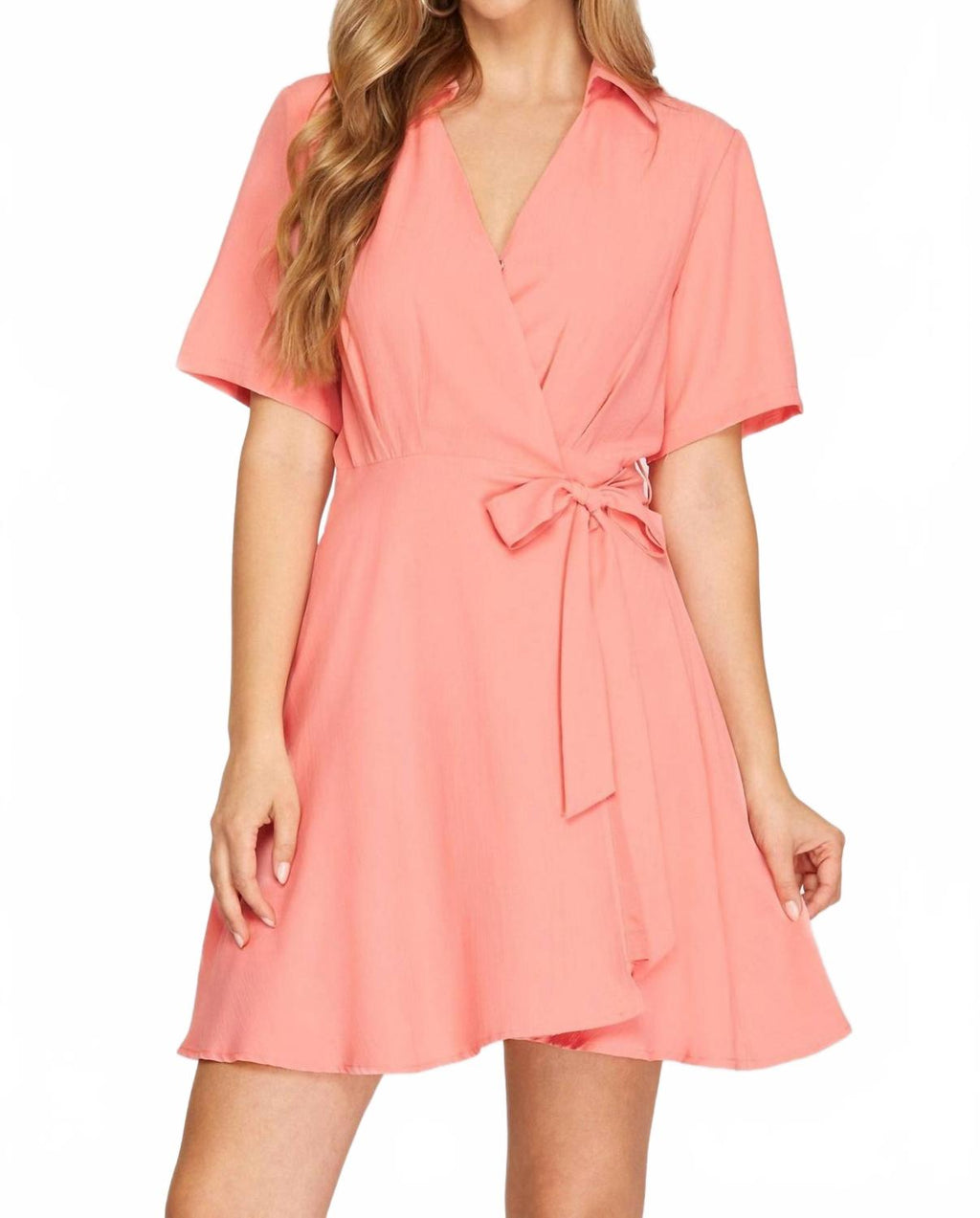 Short Sleeve Wrap Dress With Front Side Tie In Coral Pink