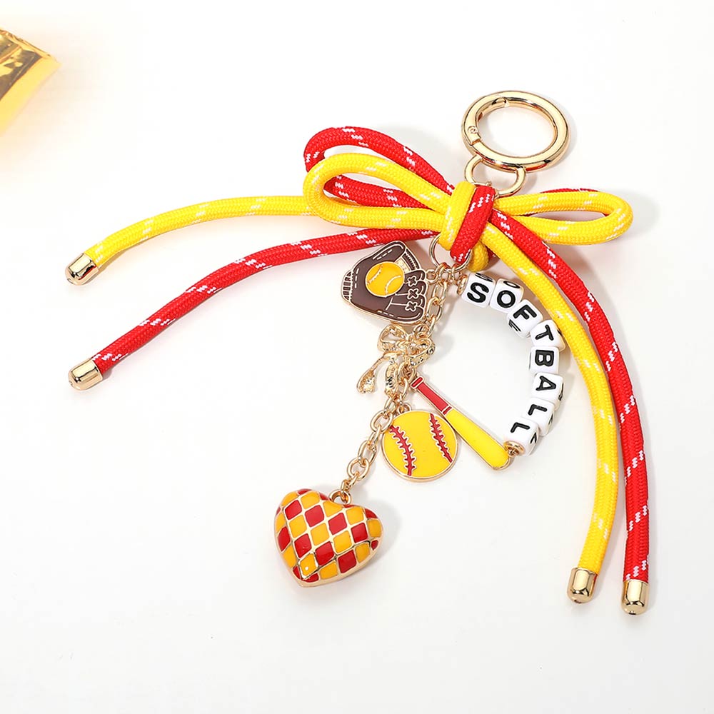 Bow Accent SOFTBALL Message Beaded Charm Drop Keychain Bag Charm