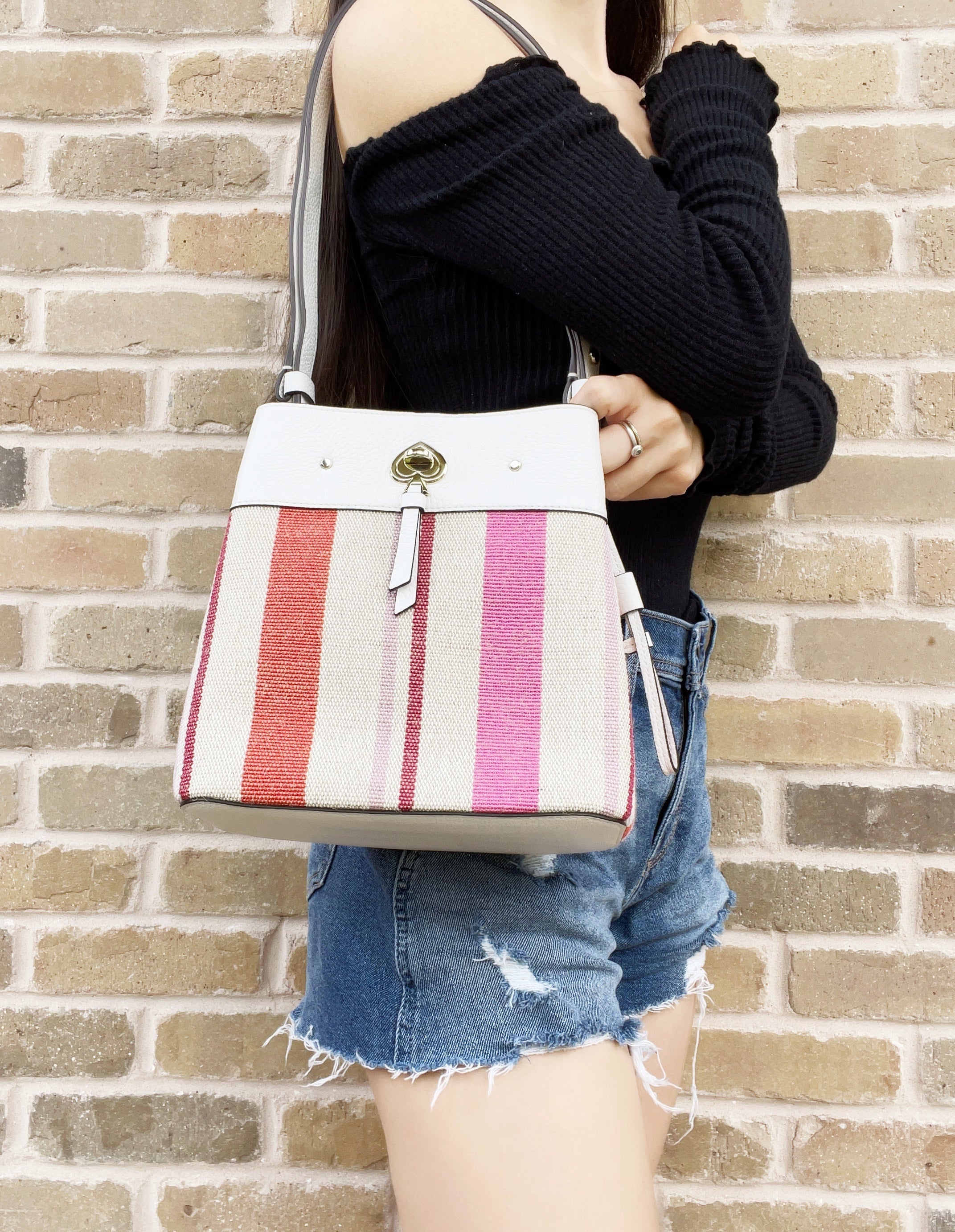 Kate Spade Stripe Appliqué Small Bucket Bag Shoulder Tote Crossbody Multi Color