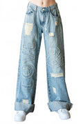 Women's Washed Love Letter Patched Jeans In Blue