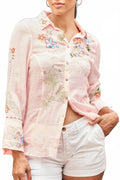 Embroidered Blouse With Wide Split Cuff In Pink