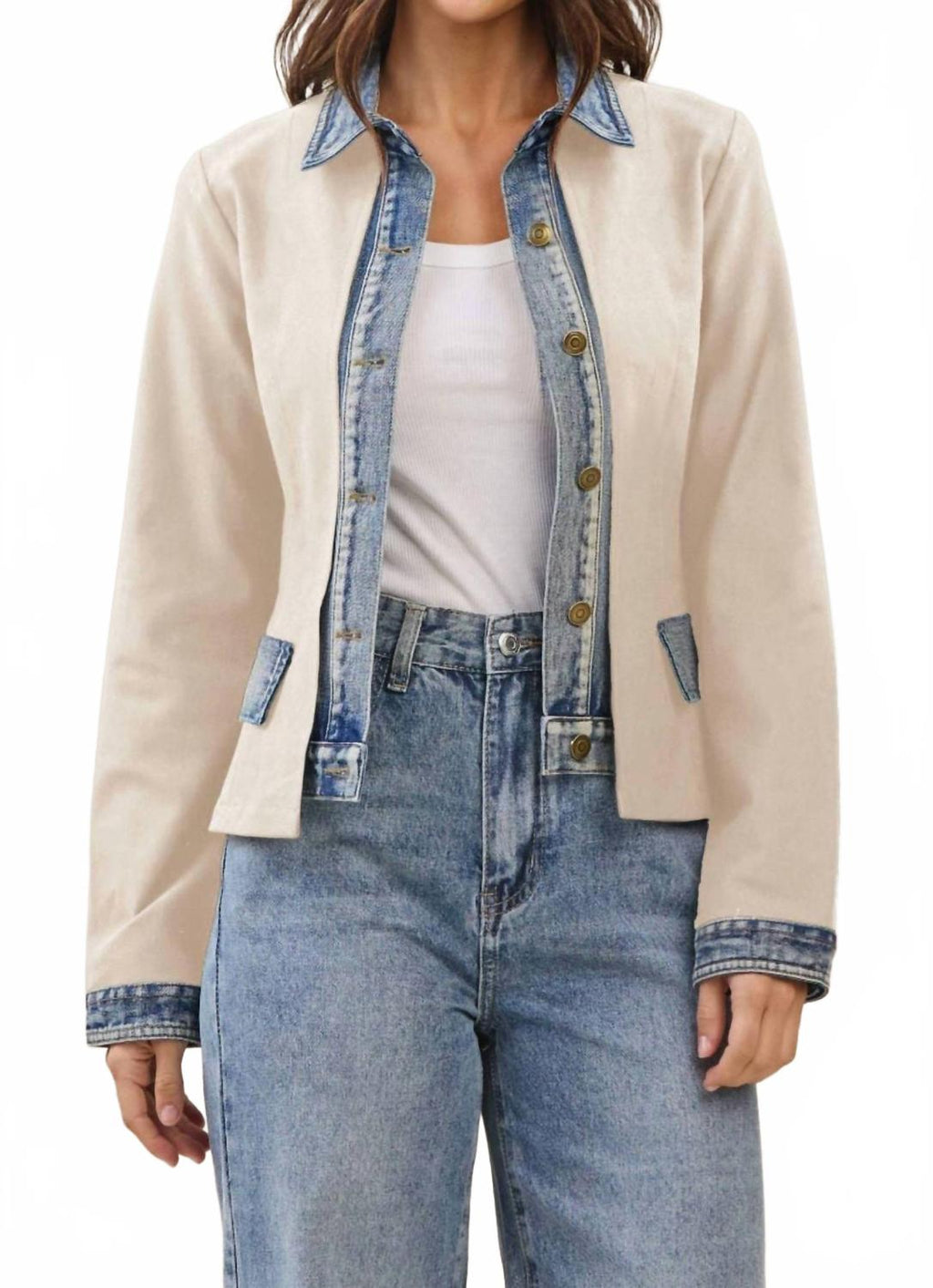 Denim Trim Jacket In Ecru