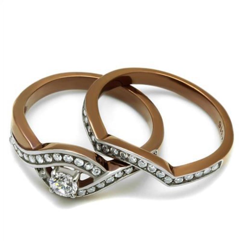Two Tone IP Light Brown (IP Light coffee) Stainless Steel Ring with AAA Grade CZ in Clear