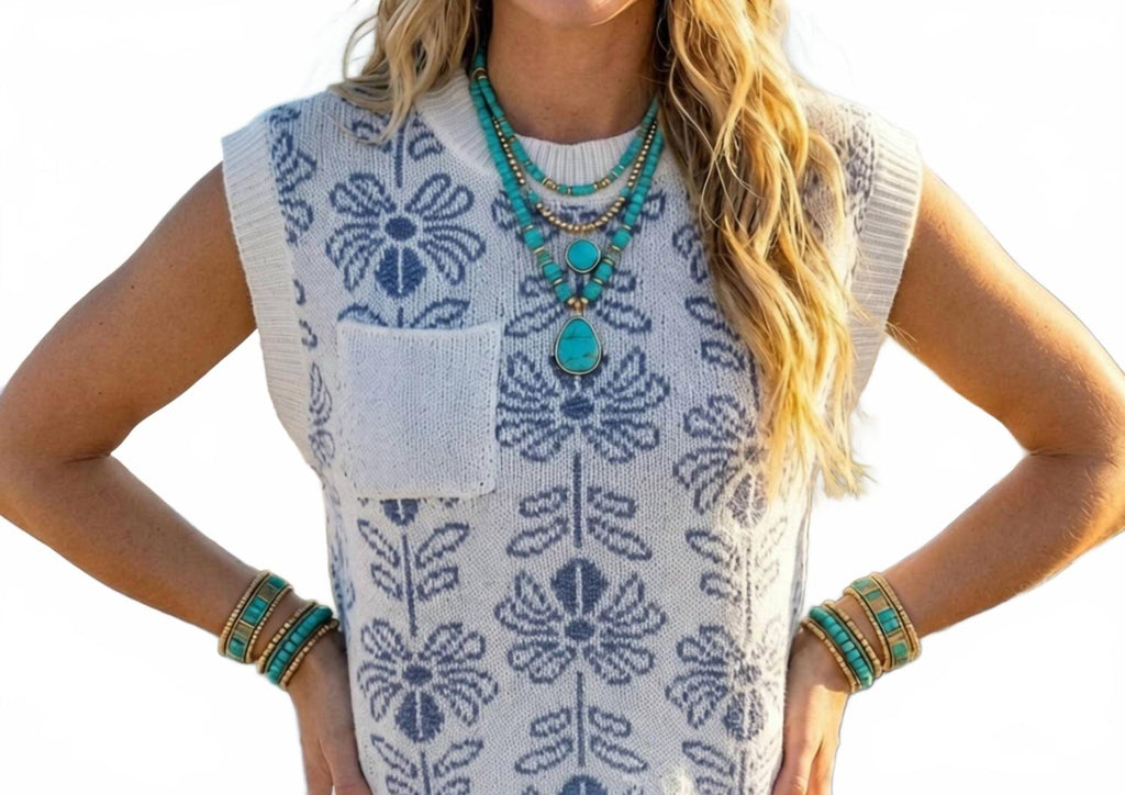 Floral Knit Sweater Vest Top In Pacific Blue
