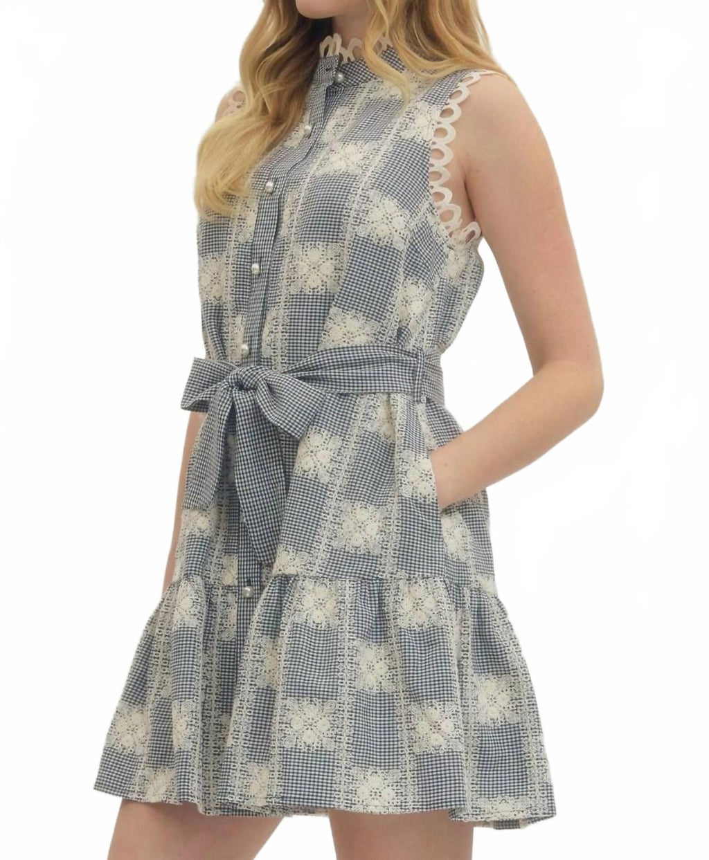 Lacy And Gingham Sleeveless Mini Dress In Navy Blue