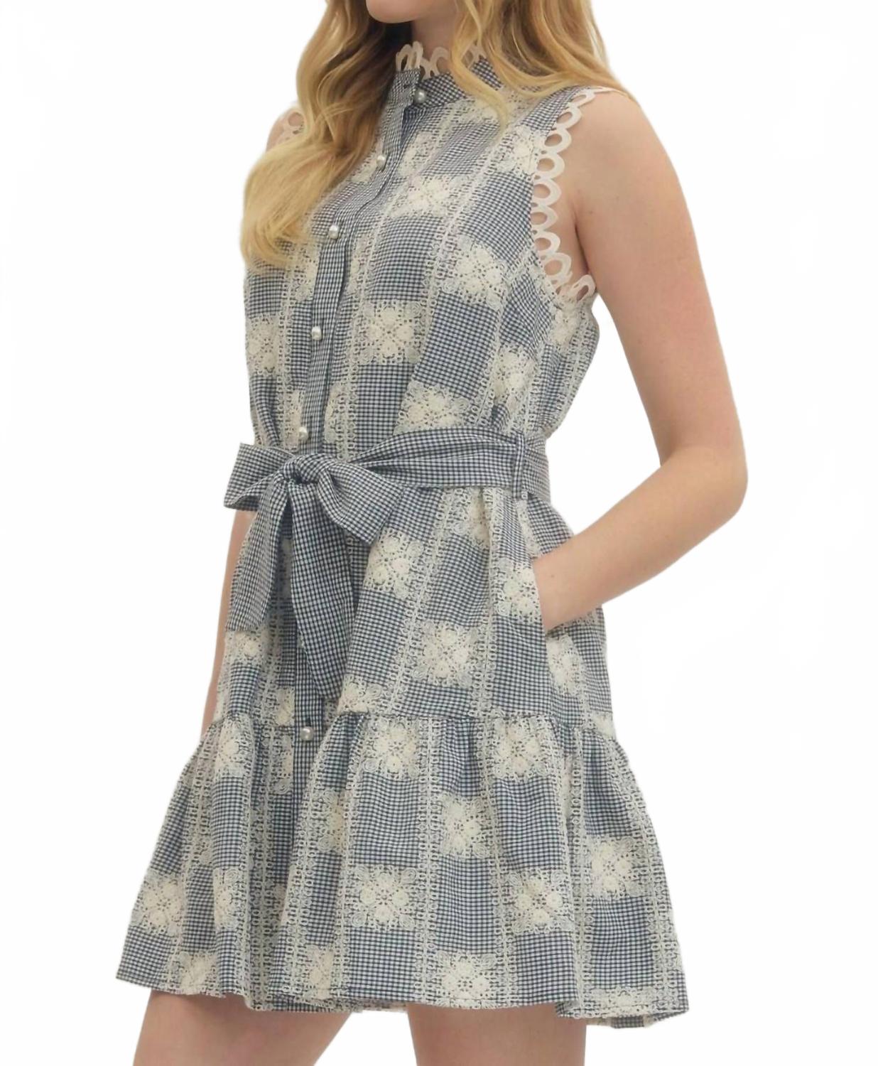 Lacy And Gingham Sleeveless Mini Dress In Navy Blue